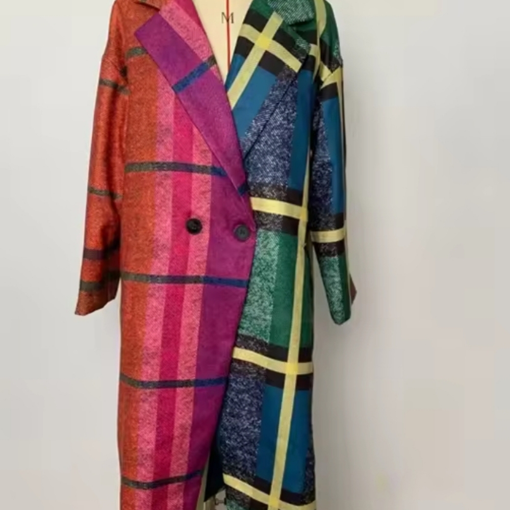 Women's Tweed Coat Contrast Color Plaid Loose Fit Outerwears Fall And Winter - Picture 5 of 6